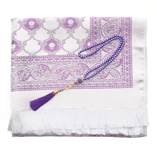 Muslim Prayer Rug and Beads with Portable Bag, Muslim Gifts for Women Men, Janamaz, Sajadah, Soft Mat Islam Gifts Set, Turkish Sajadah for Ramadan, Eid, Hajj, Travel, Pray - color: Purple