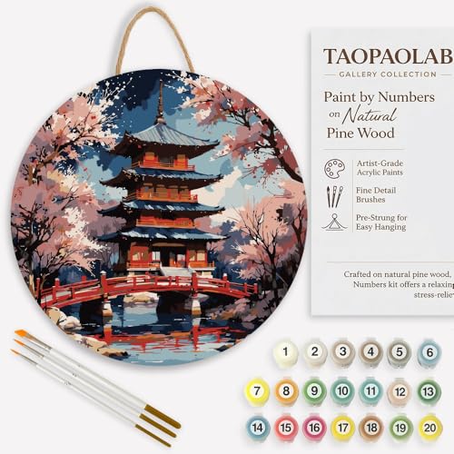 Chinese Garden Paint by Numbers Kit for Adults on Wood Board – DIY Pagoda and Cherry Blossoms Wood Craft Painting Kit, 12 in Round, Acrylic Paint Set, Beginner-Friendly, Relaxing Home Decor Gift - color: FM05062
