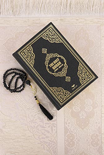 ihvan online Prayer Gift Box for Hajj and Umrah, Quran with English Translation, Muslim Prayer Rug, Islamic Mat, Holy Quran,99 Pearly Beads Tesbih, Islamic Deluxe Set for Ramadan & Eid Gift - color: Black / Set 1