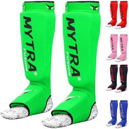 Mytra Fusion Shin Pads Instep Protector Kick Boxing Muay Thai Training Elasticated shin Guards - color: Green, size: Large-X-Large