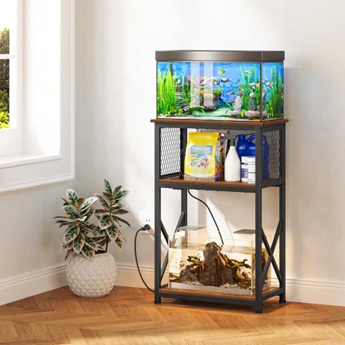 Snughome 10 Gallon Fish Tank Stand with Power Outlets, Aquarium Stand with Storage, 3 Tier Heavy Metal Reptile Tank Stand Fish Tank Shelf 20.47" x 11.42" x 30.91", Rustic Brown - color: Rustic Brown with Power Outlet