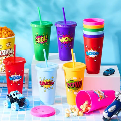 Chuangdi 12 Pcs Hero Cups 24 oz Plastic Reusable Tumblers with Lids and Straws Themed Drinking Cups for Birthday Decorations Party Favors Supplies Gifts - style: Hero