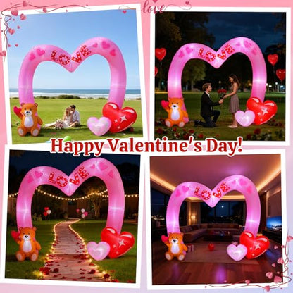 Lewondr 8FT Valentine's Day Inflatable Outdoor Decorations, Lovely Bear Pink Love Blow up Archway Romantic Yard Decoration with 8 Build-in Lights, Valentine's Inflatable Decor for Lawn Party Wedding - style: Archway