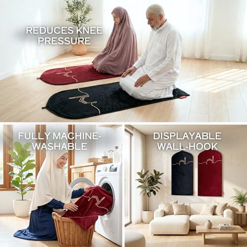 TAKVA EasiClean™ Indoor Prayer Mat | Kaaba Collection (ComfitPlus, Kaaba Maroon) Padded Memory Foam Prayer Rug, Muslim, Islamic Prayer Rugs - color: Kaaba Maroon