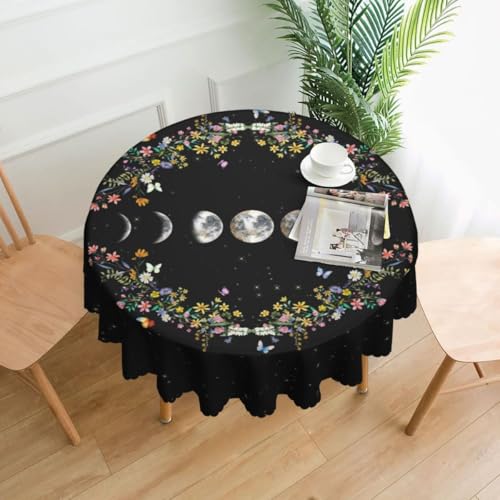 Moon Floral Tablecloth Round, Boho Moon Phase Astrology Mystical Gothic Flower Stars Witchy Water Resisitant Wipeable Table Cover for Dining Kitchen Living Room Home Party Holiday Decor 36 inch Round - color: Tc-boho Flower01, size: 36" (Round)