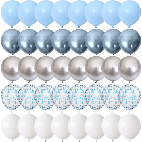 Blue Silver Balloons, Metallic Light Blue White Balloon with Metallic Silver Confetti Balloon for Birthday Graduation Wedding Baby Bridal Shower Christening Party Decorations - color: Blue Silver