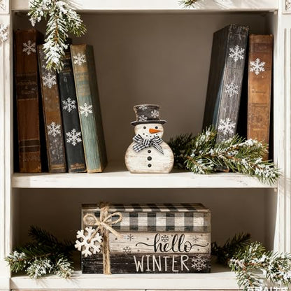 4 Pcs Winter Snowman Decor Hello Winter Table Decorations Christmas Tiered Tray Decor Centerpiece Indoor Rustic Wooden Snowman Block Sign Gift Farmhouse for Home Kitchen Shelf - style: Snowman