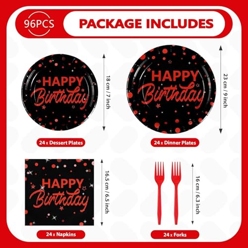 Grencian 96Pcs Red and Black Birthday Party Decorations Red Polka Dots on Black Paper Plates and Napkins Disposable Dessert Tableware for Men Women Birthday Party Decorations 2026 Serves 24 - style: Red Black Wave Point Birthday Sets