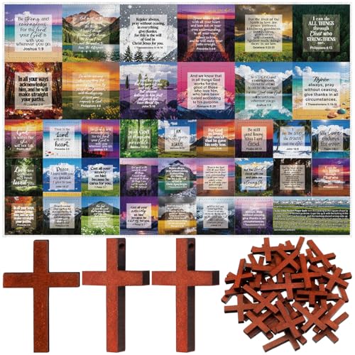 38 Sets Pocket Prayer Quilt Kits with Wooden Crosses, Mini Prayer Cloth Squares for Sunday School Rewards, Church Giveaways, Baptism Favors, Women Bible Study Religious Gifts(Scenery,Brown) - color: Brown, style: Scenery