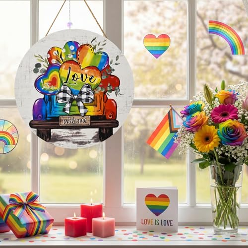 Smile Pride Month Love Welcome Rainbow Truck Round Wooden Door Sign Indoor & Outdoor Decorative Plaque LGBTQ+ Home, Porch & Patio Decor Gay Pride - style: Truck LGBT