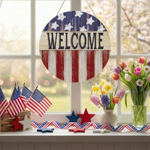 Smile Patriotic American Flag Welcome Wooden Round Door Hanger, 4th of July Front Door Sign for Independence Day & Memorial Day Decor - style: Flag Welcome