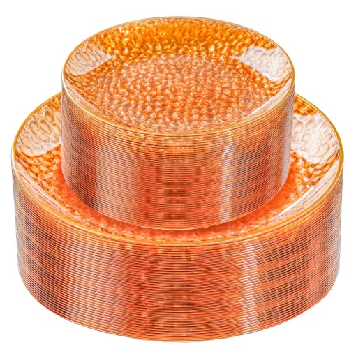 Rubtlamp 60Pcs Orange Plastic Plates, Orange Disposable Plates With Gold Rim, Hammered Plastic Plates Include 30 Dessert Platos, 30 Dinner Platos for Party - color: Clear Orange Gold