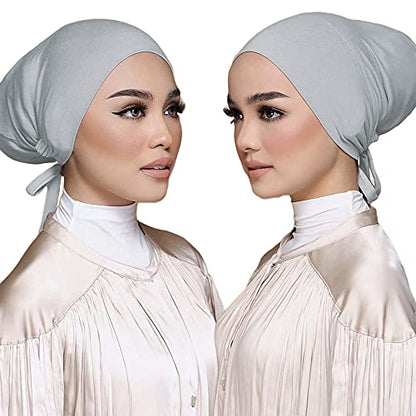 Women Under Scarf Hat Hijab Undercap Islamic Muslim Under Scarf Hijab Cap with Tie-Back Closure - color: Black+gray(2pcs)