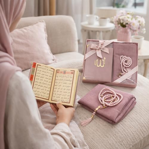 SAJADAH Muslim Prayer Rug Set - 4 in One Islamic Gifts Set, Prayer Mat, Prayer Beads, Hijab, Surahs Book,Eid Gifts - color: Pink