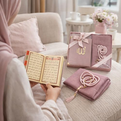 SAJADAH Muslim Prayer Rug Set - 4 in One Islamic Gifts Set, Prayer Mat, Prayer Beads, Hijab, Surahs Book,Eid Gifts - color: Pink