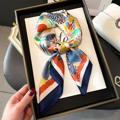 Sumolux Head Hair Scarf for Women Like Satin Silk Scarf Bandana Hair Wrapping Night Large Square Scarves 27.5" - color: Blue Lucky Flower