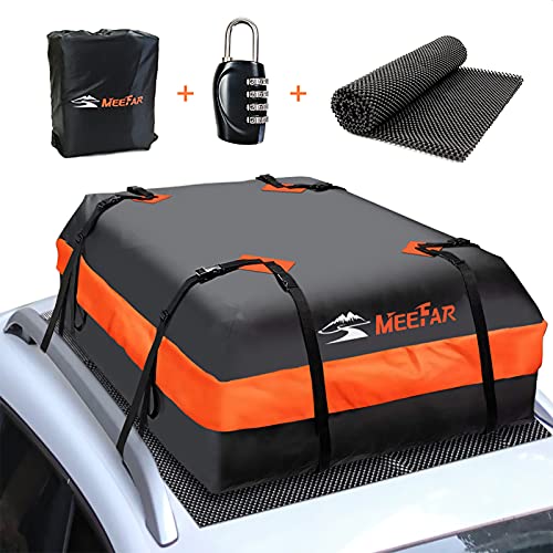 MeeFar Car Roof Bag XBEEK Rooftop top Cargo Carrier Bag Waterproof 15 Cubic feet for All Cars with/Without Rack, Includes Anti-Slip Mat, 8 Reinforced Straps, 6 Door Hooks, Luggage Lock - size: 15 Cubic Feet