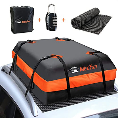 MeeFar Car Roof Bag XBEEK Rooftop top Cargo Carrier Bag Waterproof 15 Cubic feet for All Cars with/Without Rack, Includes Anti-Slip Mat, 8 Reinforced Straps, 6 Door Hooks, Luggage Lock - size: 15 Cubic Feet