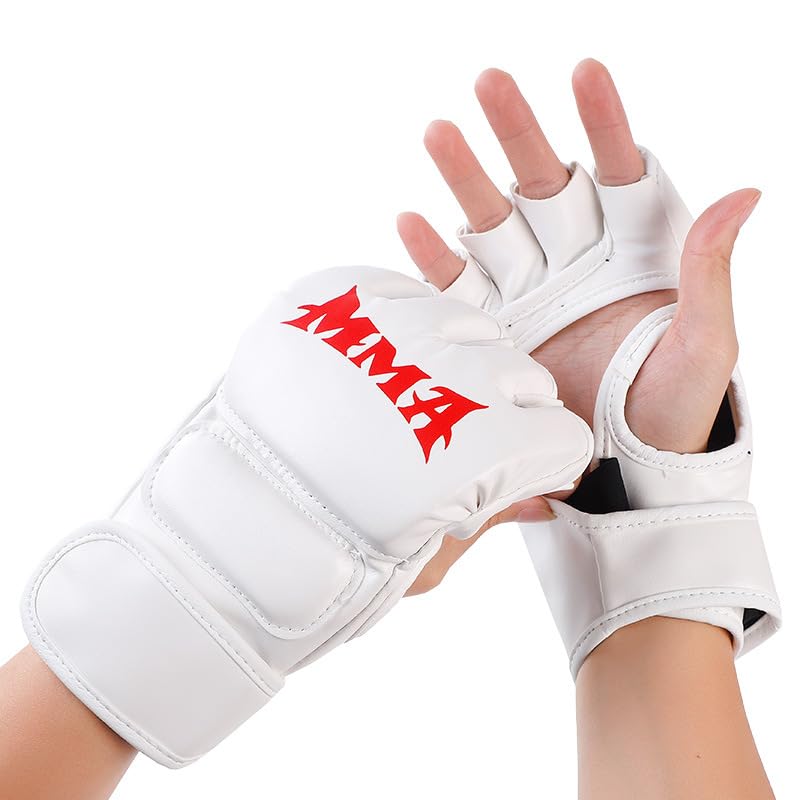 MMA Gloves, Half-Finger Boxing Fight Gloves MMA Mitts with Adjustable Wrist Band UFC Gloves for Sanda Sparring Punching Bag Training (One Size Fits Most) - color: White