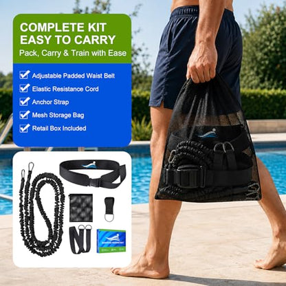 Swimming Training Belt 8-25FT Adjustable Swimming Resistance Belt, Stationary Harness for Any Pool Without Counter Current System - color: Black