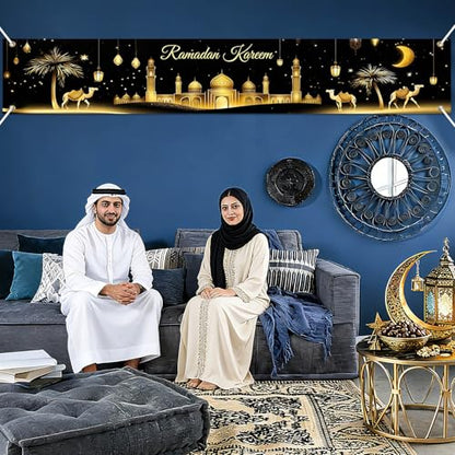 BlissYard Ramadan Kareem Banner 118×19.68 inch Islamic Holiday Decoration Backdrop for Home Outdoor Fence Wall Porch Mosque Event Setup Evening Gathering and Cultural Photo Display