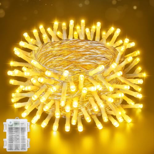 Ollny Fairy Lights Battery Operated 33FT 100LED Warm White, Clear Wire - color: Warm White-(Clear Wire), size: 100 LED