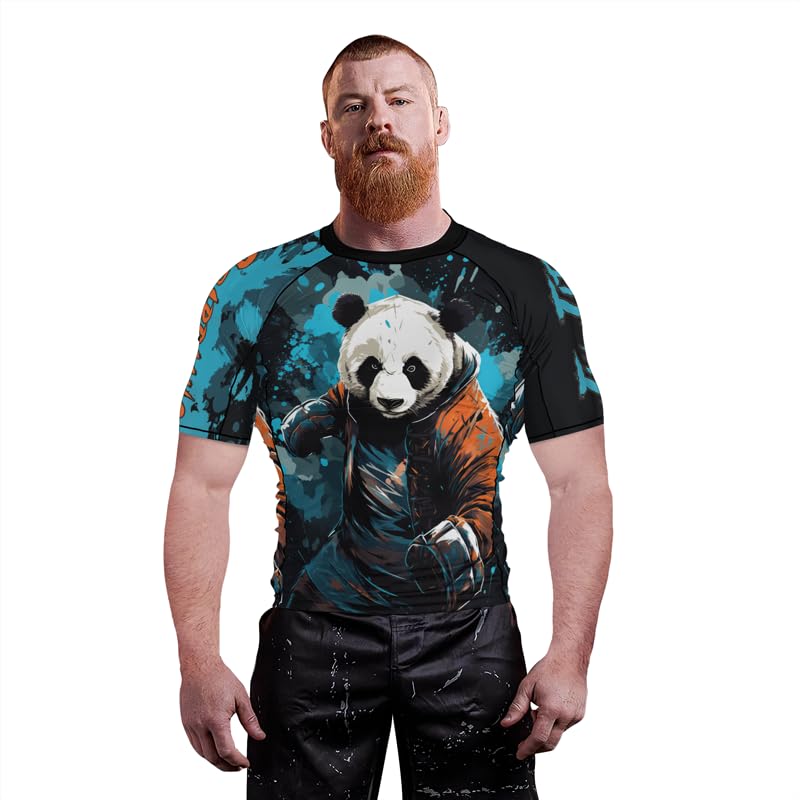 Panda Fighter Men's Short Sleeve Compression Rash Guard MMA Jiu Jitsu BJJ Grappling Base Layer Combat Shirt - color: V3, size: X-Large