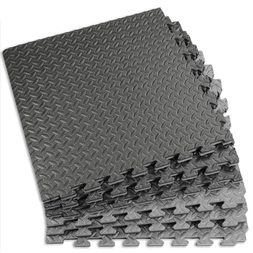 Xspec 1" Extra Thick 48 sq ft Reversible EVA Gym Foam Floor Mat Tiles (24" x 24"), Steel Pattern, 12 pcs, Black & Grey - color: Black