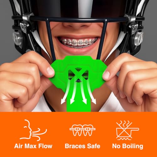 SLEEFS X Hot Green Football Mouth Guard - Lip/Mouthguard with Helmet Strap - Lip/Teeth Protector Mouthpiece - Moldable - for Youth/Adults, Men & Women Mouth Guard, Maximum Air Flow, All Sports - color: Hot Green