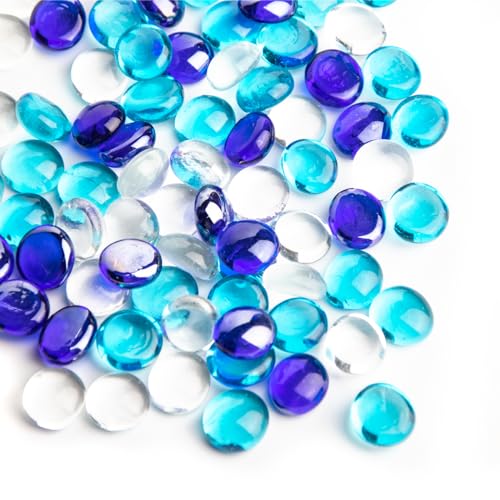 1 LB Blue Mix Color Glass Marbles, Mini Flat Glass Beads~150PCS for Vase Fillers, Floral Bottom Mancala Gems Pebbles Fish Tank Rocks for Table Aquarium,Home Decor Art Craft Supplies(0.5"~0.7") - color: Mixed Blue & Clear~1 Lb, size: 1 LB
