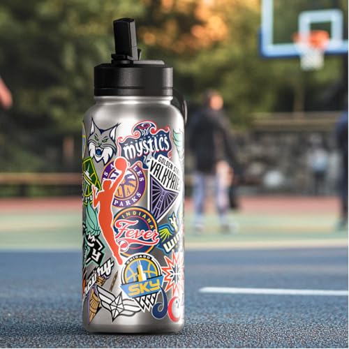 Hydrapeak WNBA Officially Licensed All-Team Sticker Print Logo 32oz Insulated Water Bottle with Straw Lid and Handle, Stainless Steel Travel Tumbler for Passionate WNBA Fans, Drinks Stay Cold 24 Hours - color: WNBA, size: 32 Ounces