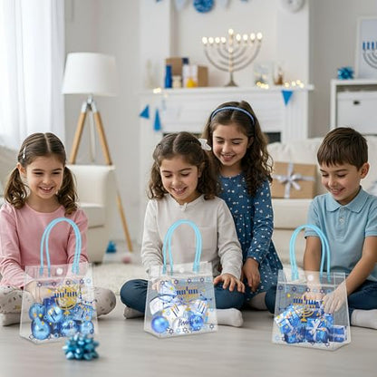 Aliceset 24 Pcs Hanukkah Gift Bags Bulk PVC Tote with Handles Clear Reusable Favor Bags with Star of David & Menorah Design for Hanukkah Party Decorations Supplies, 6.31" x 5.91" x 3.15" - style: Hanukkah