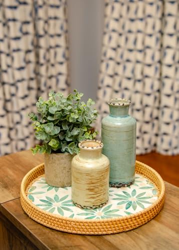 Magenta & Teal Round Rattan Serving Tray with Mother of Pearl Inlay, Wicker Coffee Table Decor, Farmhouse Style (Light Blue Flower Pink) - color: Light Blue Flower Pink
