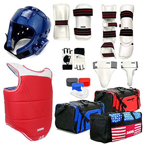 AAMA Complete Taekwondo Sparring Protective Gear Equipment Set - Customizable - color: SET B Blue (Shin Instep + Hand)