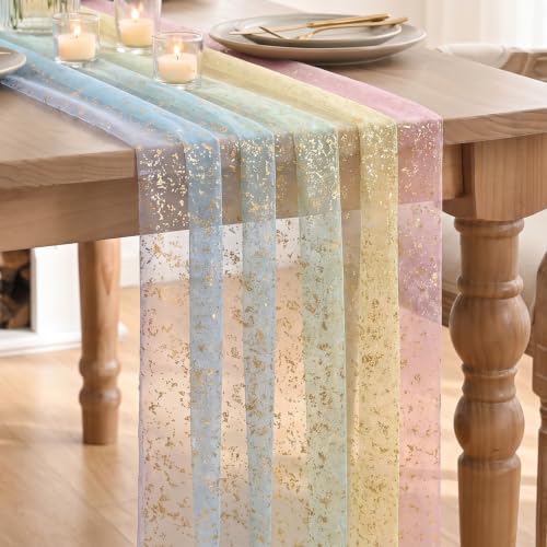 Artoid Mode Gold Gauze Table Runner 120 Inch 10FT, Rainbow Glitter Metallic Foil Sheer Dining Wedding Anniversary Holiday Birthday Table Decor for Home Party - color: Rainbow, size: 28" x 120"