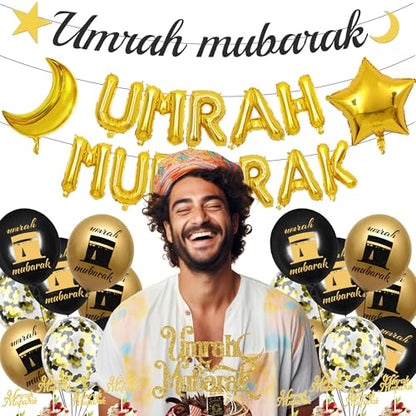 Umrah 무바라크 장식 라마단 이드 - 44피스 블랙 골드 하즈 라마단 장식 풍선 배너 케이크 토퍼 스타 문 파티 용품 가정용 Lslamic Muslim Al Fitr Eid Umrah 무바라크 파티 선물