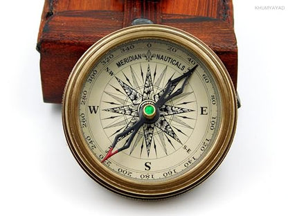 Brass Hand Made Fully Functional Compass with Leather Case & Robert Frost Poem Engraved