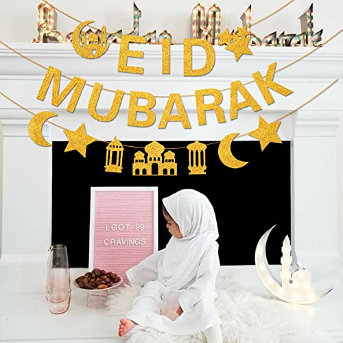 Glitter Eid Mubarak Banner with Gold Moon Star Eid Hanging for Islam Party Decorations No DIY Required