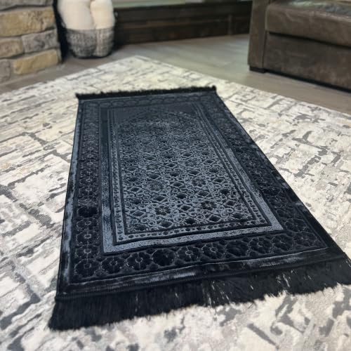 Modefa Velvet Prayer Rug - Soft Plush Turkish Janamaz Sajada Carpet for Men and Women - Plain Solid Prayer Mat Ramadan Eid Gift - with Prayer Beads - Luxury Floral Stamp (Black) - color: Black