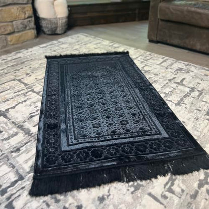 Modefa Velvet Prayer Rug - Soft Plush Turkish Janamaz Sajada Carpet for Men and Women - Plain Solid Prayer Mat Ramadan Eid Gift - with Prayer Beads - Luxury Floral Stamp (Black) - color: Black