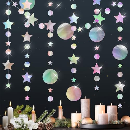 Star Circle Dot Hanging Garlands,Holographic Twinkle Stars Garlands Iridescent Star Hanging Streamer Backdrop Banner for Birthday Baby Shower Graduation Wedding Ramadan EID (Round) - color: Round and Star