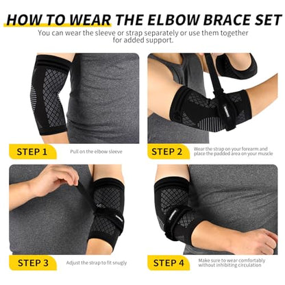 CAMBIVO 2 Elbow Sleeves and 1 Tennis Elbow Strap Set for Tendonitis Relief | Counterforce Pad Targets Extensor Pain, Adjustable Hook-and-Loop Fit, Breathable 3D Knit Sleeve, 2+1 Combo Set, Men & Women - color: Black(2Pcs Elbow Sleeve+1Pcs Elbow Strap), si