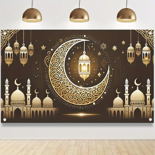 Ramadan Mubarak Banner 71x43 Inch Gold Crescent Moon Lantern Mosque Wall Banner for Eid Party Ramadan Kareem Islamic Festival Decoration - color: Style 5