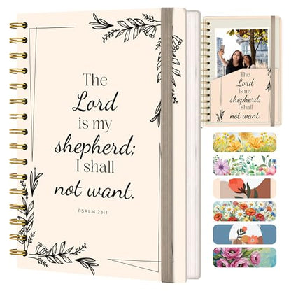 Hardcover Blank Christian Notebook – 140 Pages – Psalm 23:1 | Lined Pages with Bible Verse Cover – Inspirational Writing Spiral Notebook for Bible Study, "Lord is my Shepherd" - color: Shepherd_Cream