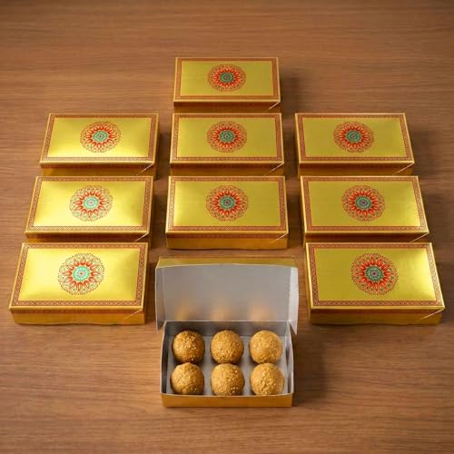 LOVENSPIRE Mandala Design Empty Sweet Boxes for Mithai, Ladoo, Cookies & Dry Fruits Treats – Small Cardboard Containers for Wedding, Pooja, Housewarming, & Indian Return Gift Packaging 500g (10 Pcs) - color: 500g, size: 1 count (Pack of 10)
