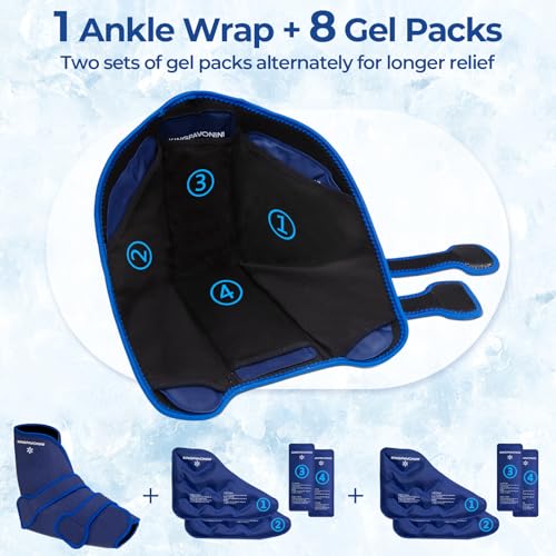 Ankle Foot Ice Pack Wrap, XL, Blue, 1 Wrap + 8 Gel Packs | 60-Min Long-Lasting & Leakproof, Full Coverage for Feet Pain Relief, Hot & Cold Therapy, Insertable Ice Packs, Easy-to-Wear - size: XL, style: Blue (1 Wrap+8 Gel Packs)