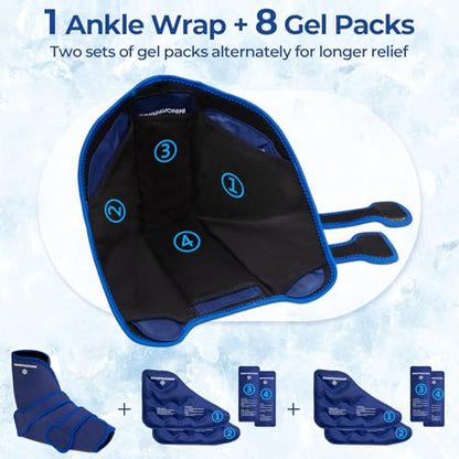 Ankle Foot Ice Pack Wrap, XL, Blue, 1 Wrap + 8 Gel Packs | 60-Min Long-Lasting & Leakproof, Full Coverage for Feet Pain Relief, Hot & Cold Therapy, Insertable Ice Packs, Easy-to-Wear - size: XL, style: Blue (1 Wrap+8 Gel Packs)
