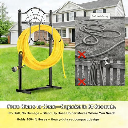 Hose Holder,100ft Capacity Garden Hose holder,Fence Style | Freestanding Water Hose Holder,Upgraded Garden Hose Reel With 4 Spikes,Portable and Mobile - style: Classic Fan Design