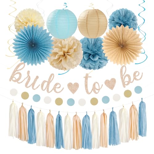Light-Dusty Blue Beige-Champagne Bridal-Shower Party-Decorations - 31pcs Bride to Be Banner,Boho Neutral Bachelorette Paper Lanterns,Wedding Garland,Tissue Pom Poms Flower Fan Decor Supplies Burgleda - color: Light Dusty Blue Beige Champagne Bridal Shower
