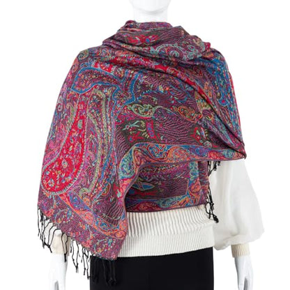 TUSHUSTY Pashmina Feel Shawls Wraps Rave Scarf for Women Soft Silky Reversible Men Scarves Hijab - color: Black Red Blue